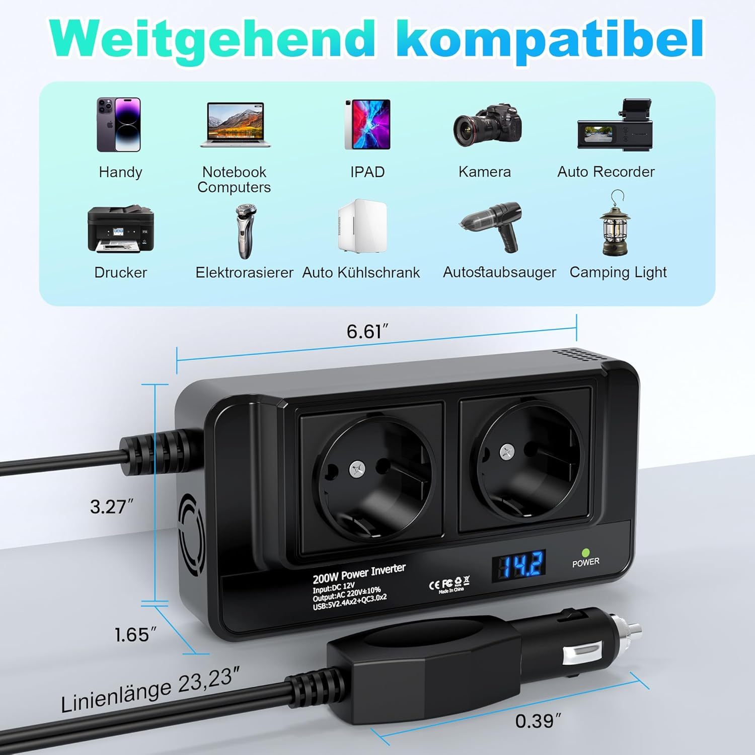 Ein schwarzer 200W Wechselrichter mit zwei Steckdosen und USB-Anschlüssen.