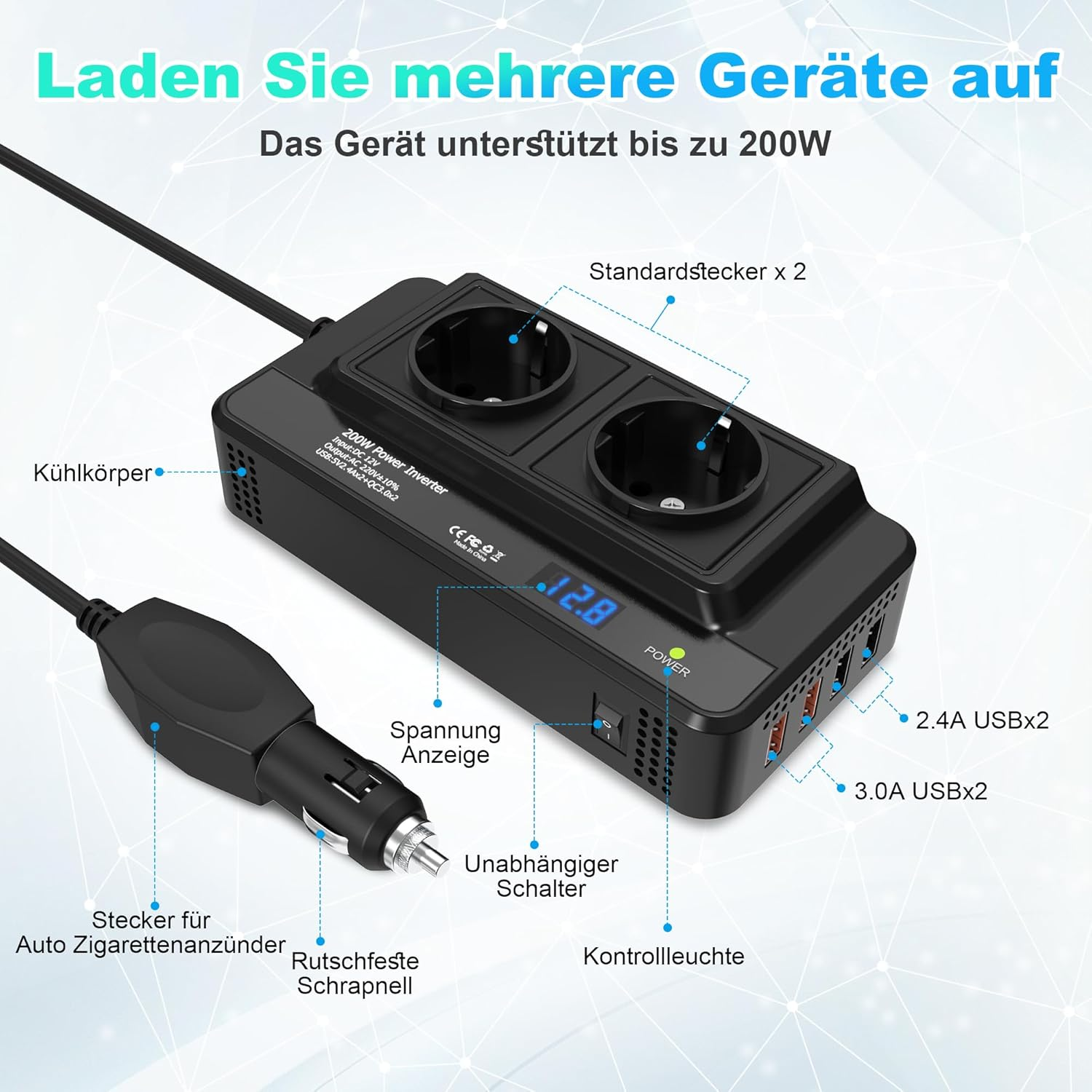 Schwarzer 200W Power Inverter mit zwei Steckdosen, vier USB-Anschlüssen und Zigarettenanzünder.