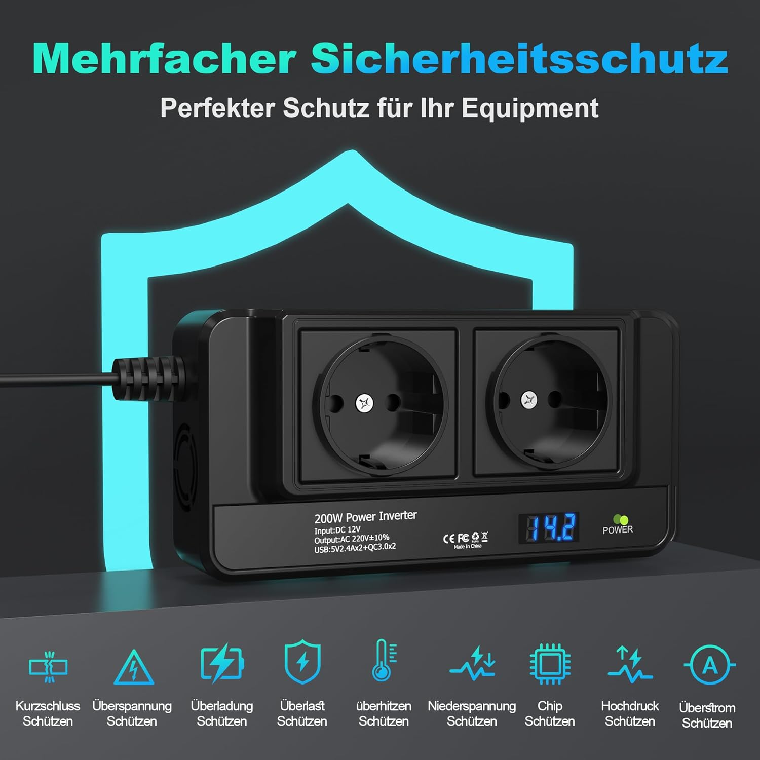Schwarzer 200W Wechselrichter mit zwei Steckdosen und USB-Anschlüssen. Anzeige von 14.2V.