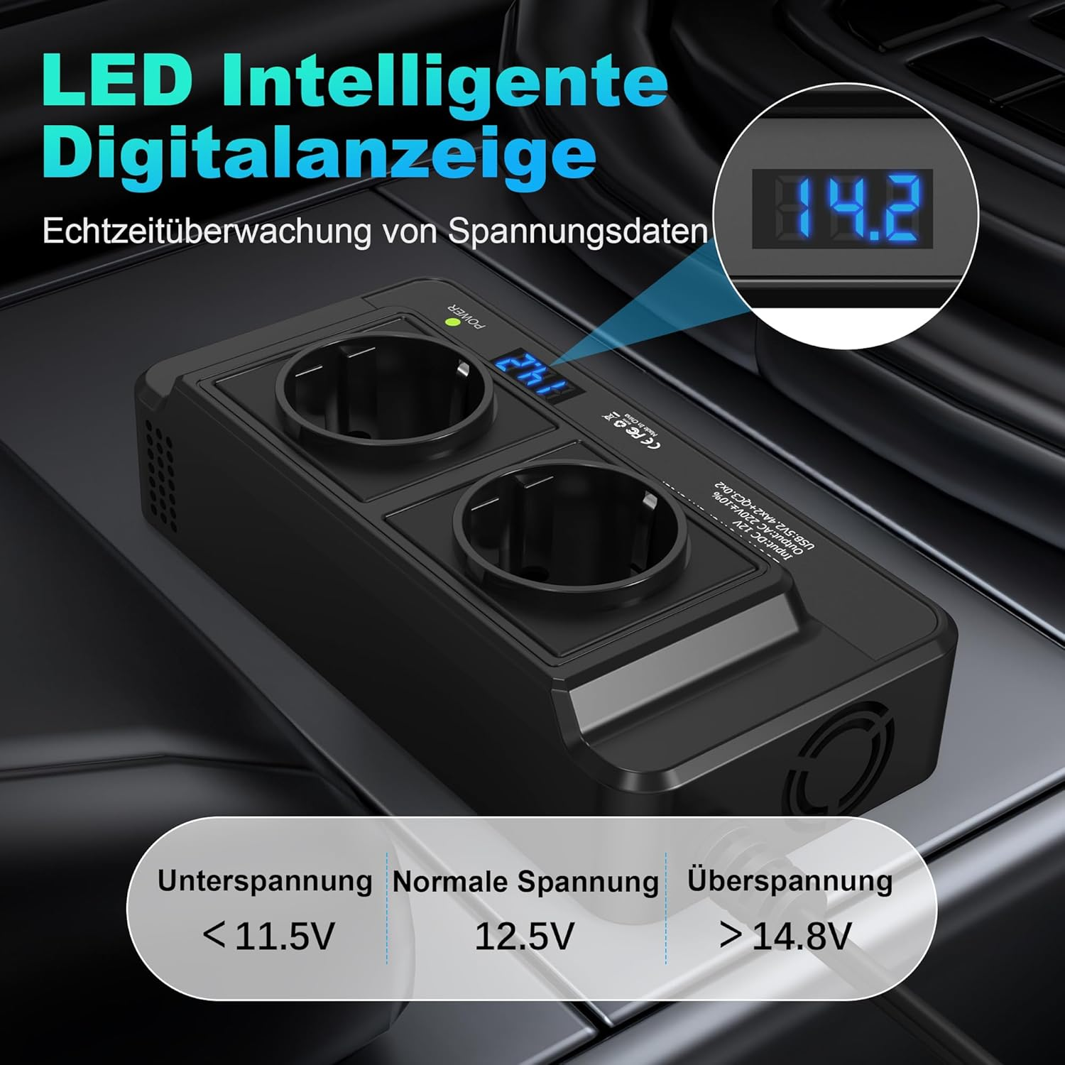 Schwarzer Auto-Spannungswandler mit zwei Steckdosen und Digitalanzeige.