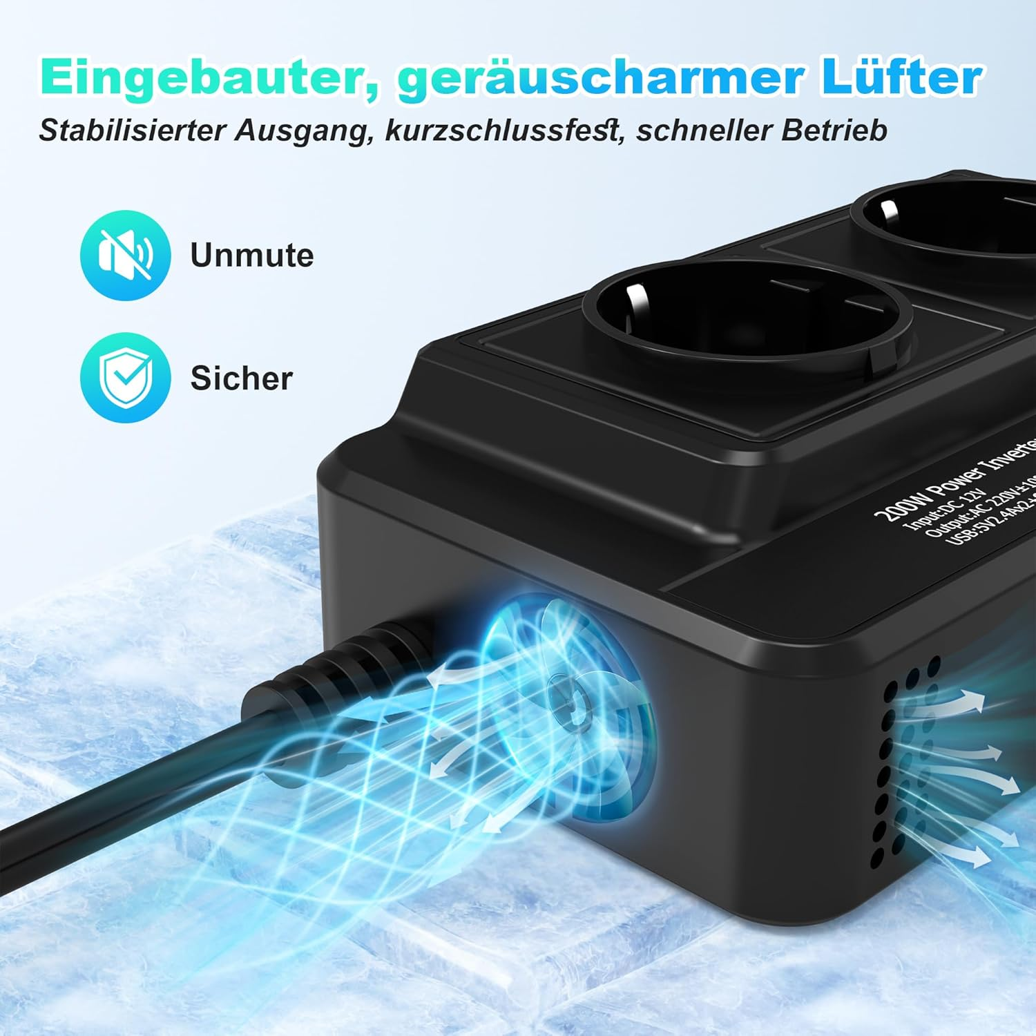 Schwarzer 200W Wechselrichter mit zwei Steckdosen und Lüfter.