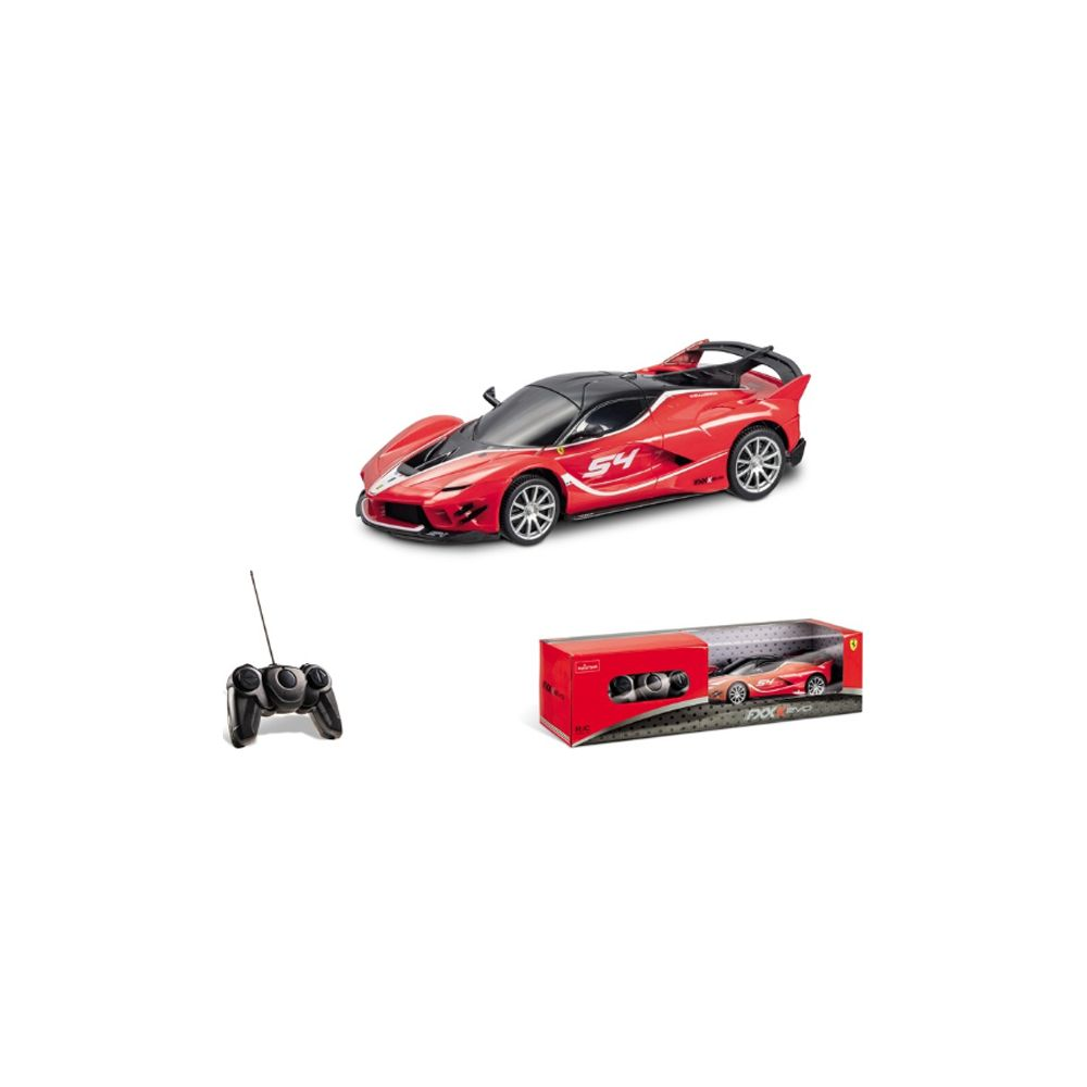 Rotes ferngesteuertes Auto mit schwarzem Dach und Fernbedienung.