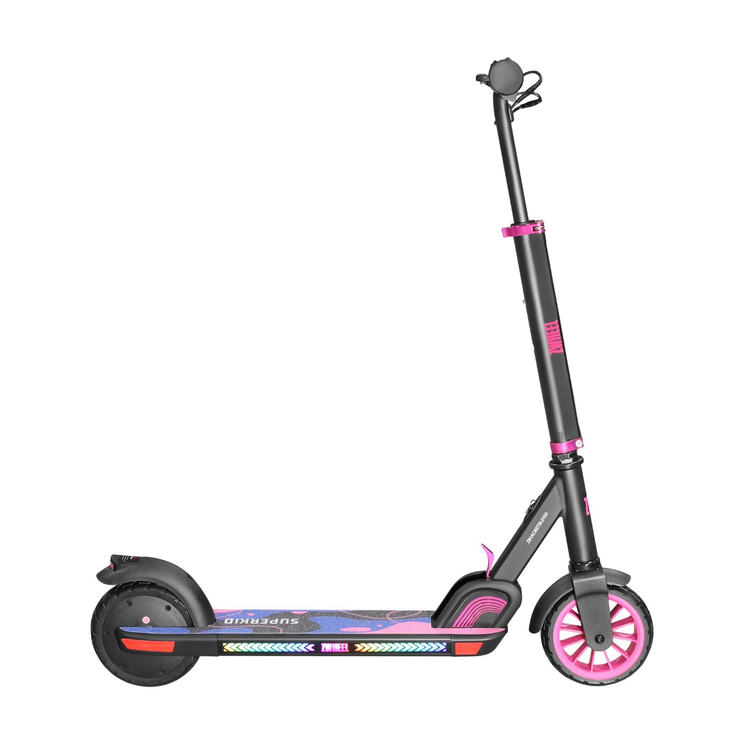 Un patinete eléctrico negro con detalles rosas y luces en la plataforma.