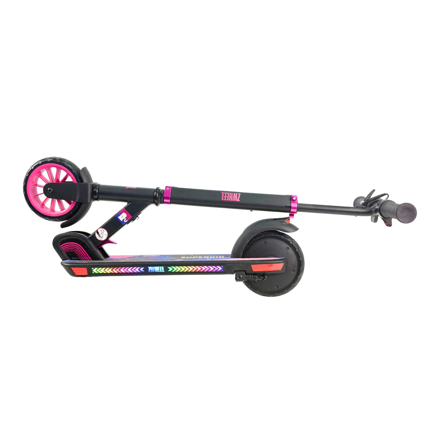 Un patinete negro con detalles rosas y luces iluminadas en la base.