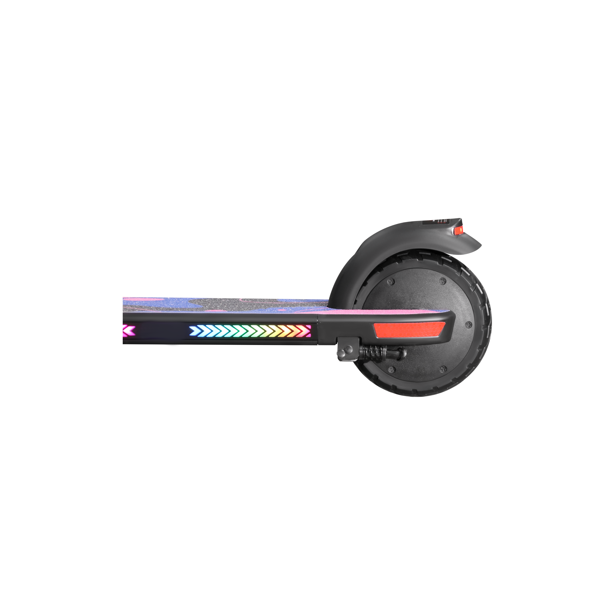 Una plataforma de patinete eléctrico con luces de colores y una rueda.