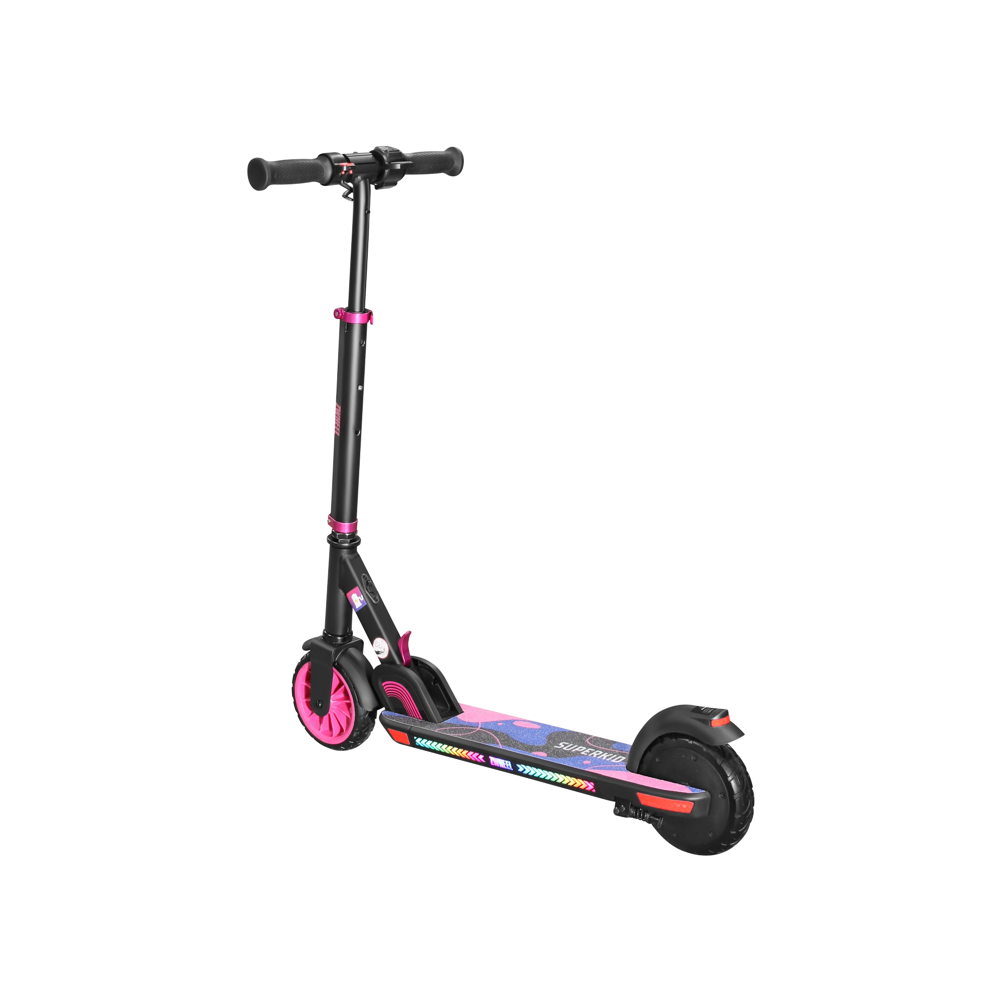 Un patinete eléctrico negro con ruedas rosas y plataforma iluminada.