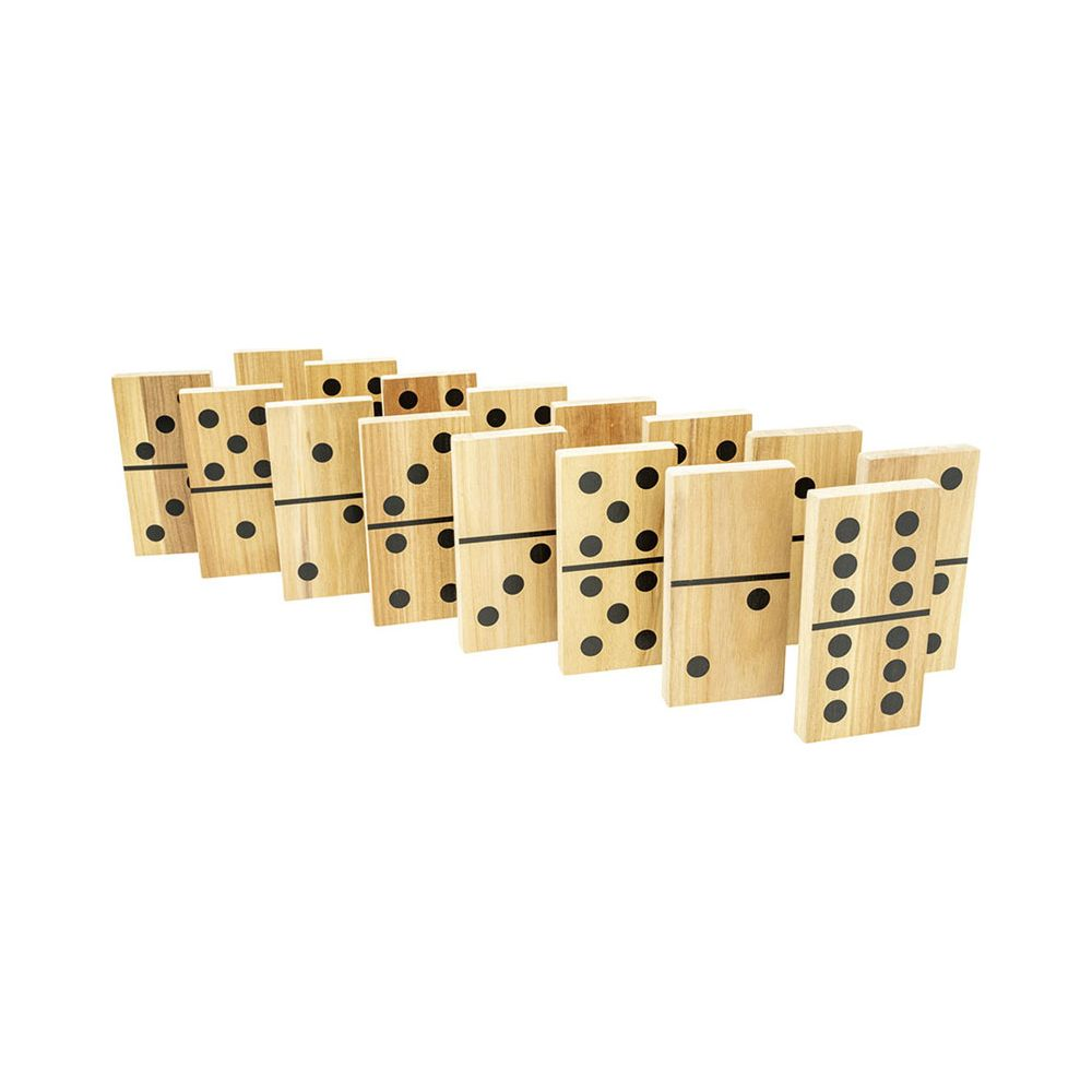 Domino di legno con punti neri, disposti in fila su sfondo bianco.