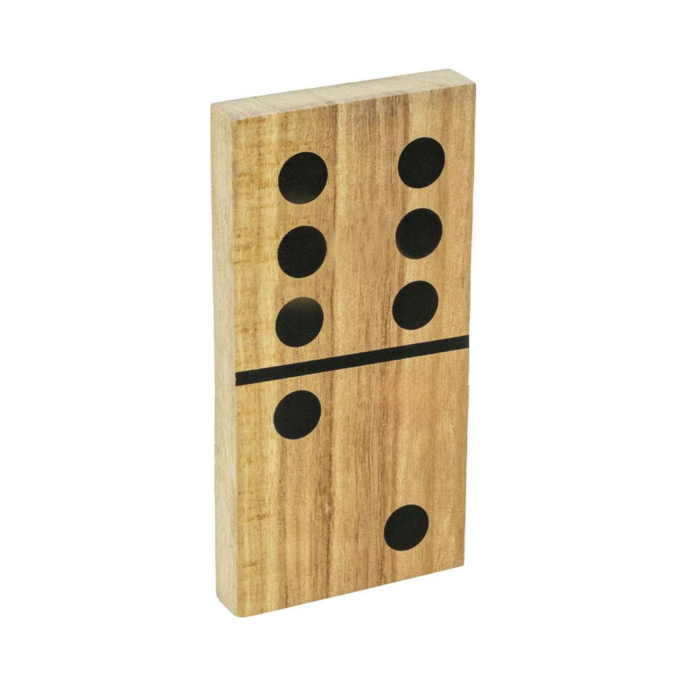 Un domino di legno con 7 punti, su sfondo bianco.