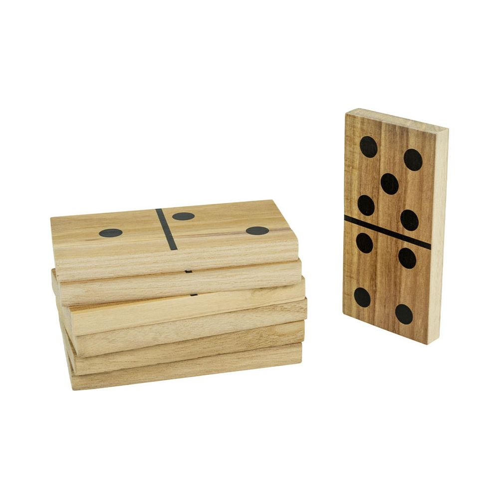 Due domino di legno uno accanto all'altro. Uno impilato, l'altro in piedi.