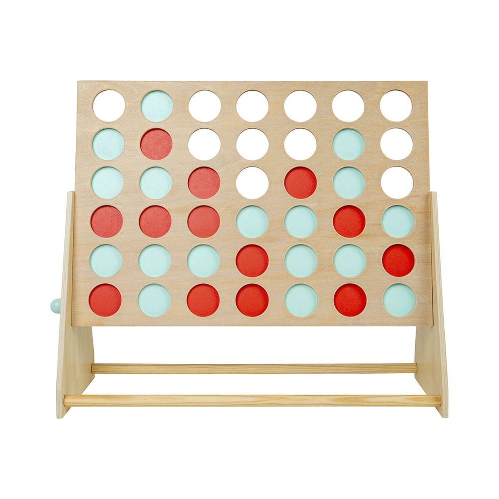 Un gioco Connect 4 in legno con dischi rossi e azzurri.
