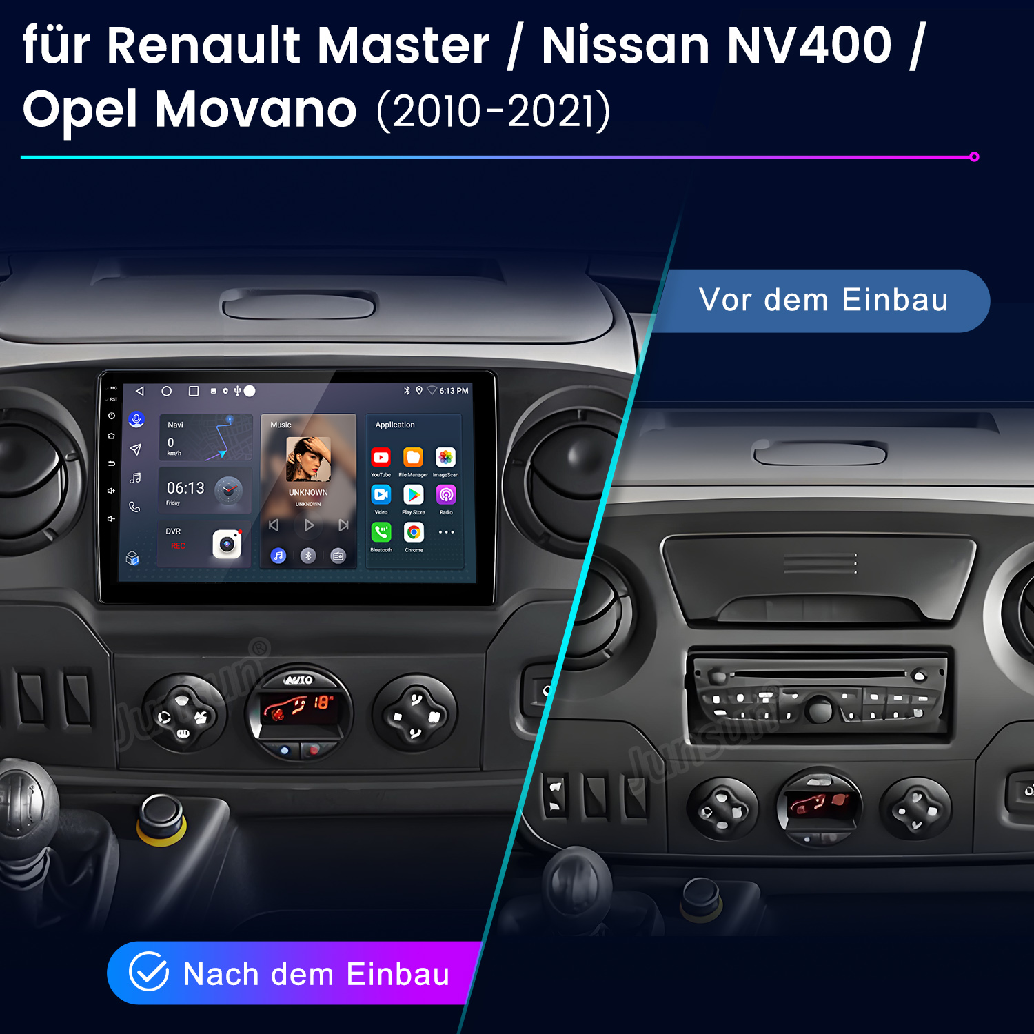 Vorher/Nachher Vergleich eines Autoradios für Renault Master/Opel Movano.