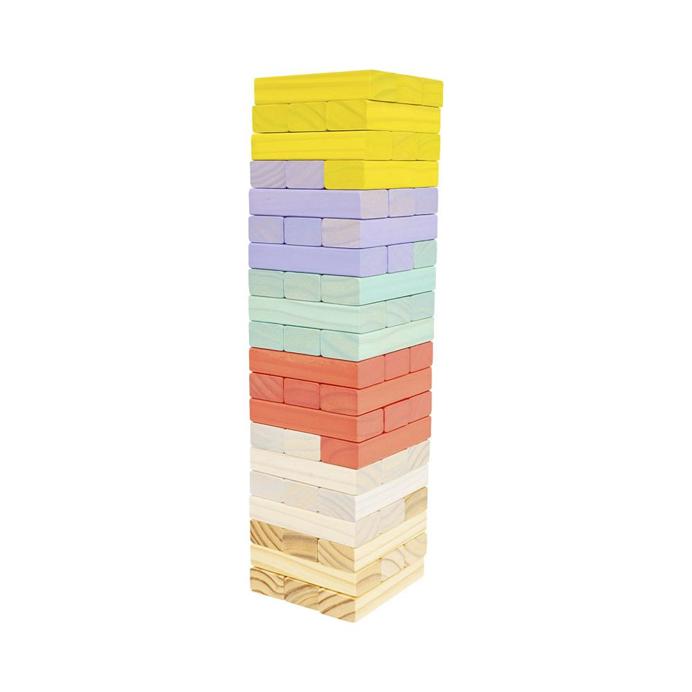 Una torre alta di blocchi di legno colorati impilati per un gioco.