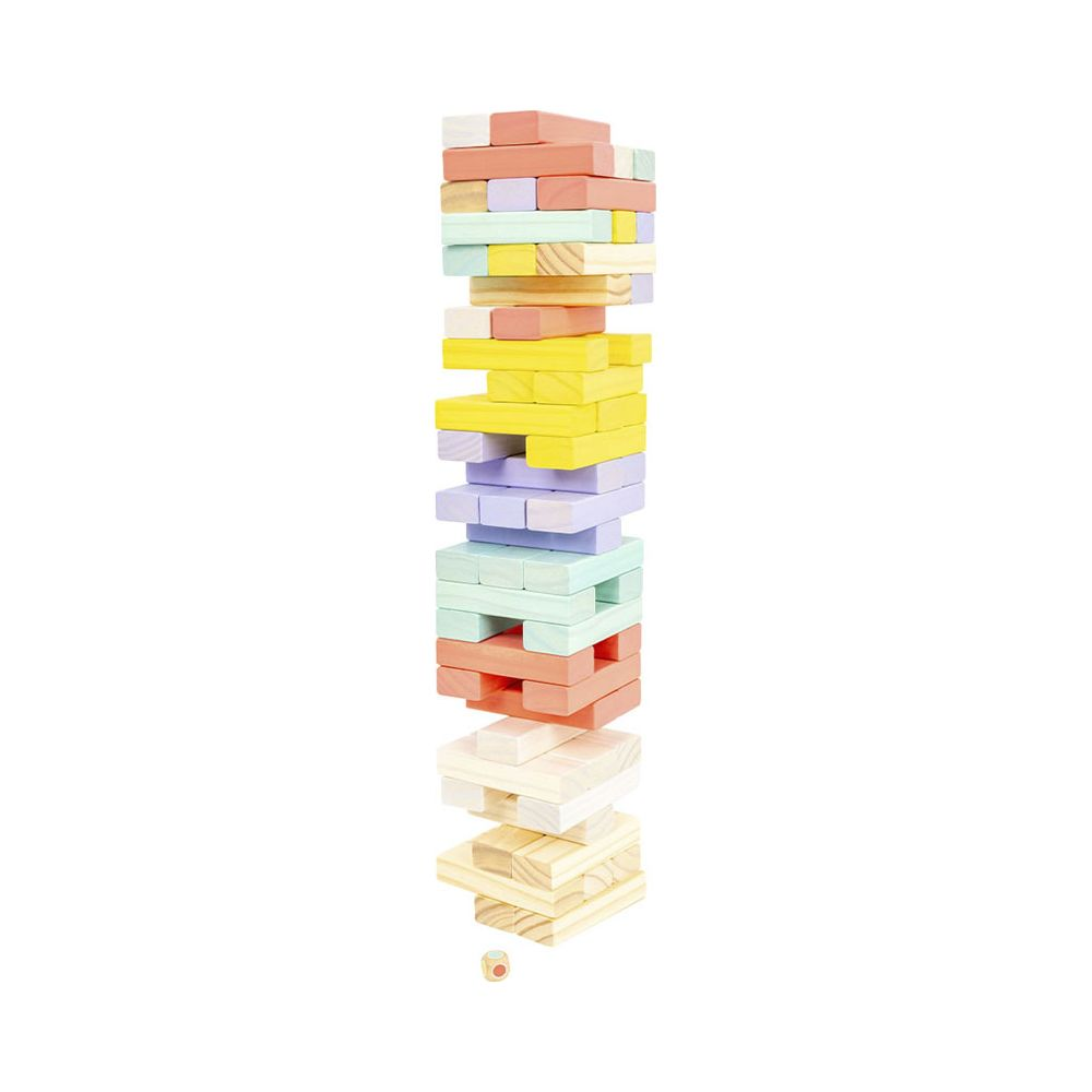 Una torre alta di blocchi di legno colorati con un dado davanti.