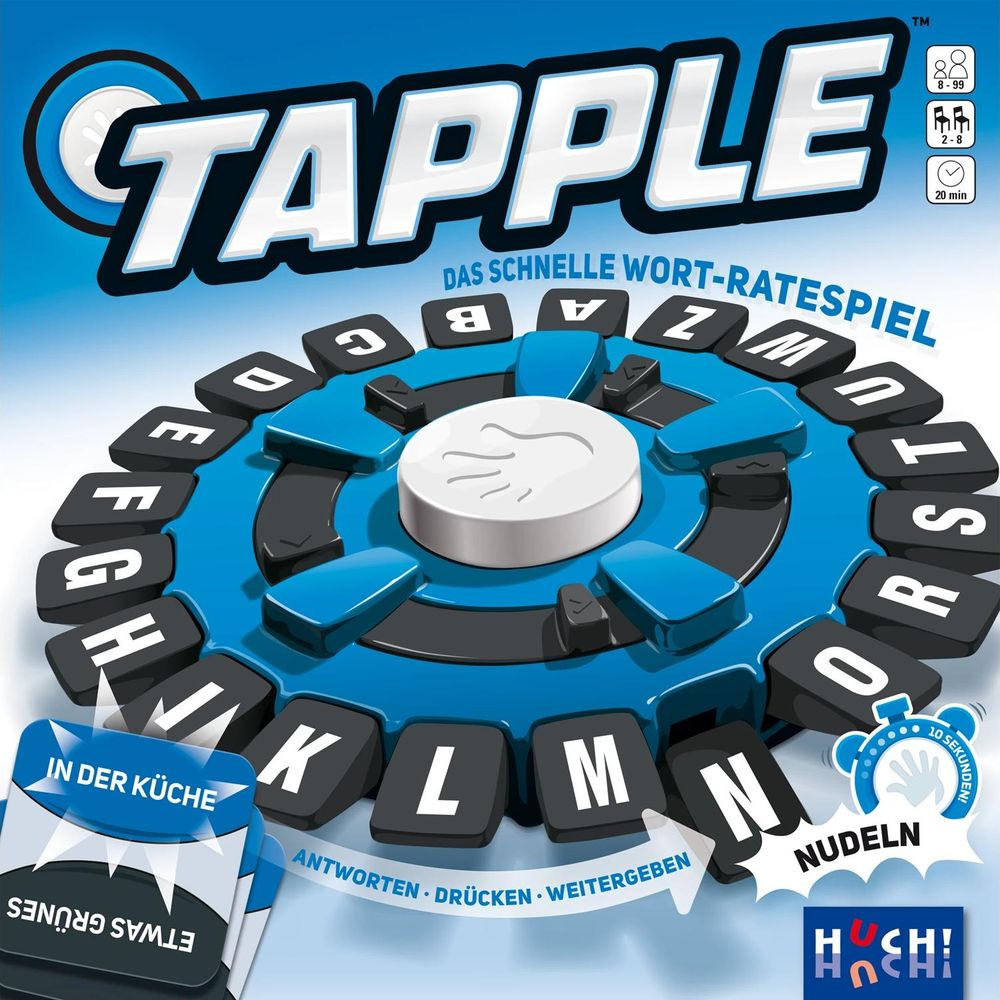 Gioco Tapple con ruote di lettere, carte e timer. Colori blu e nero.