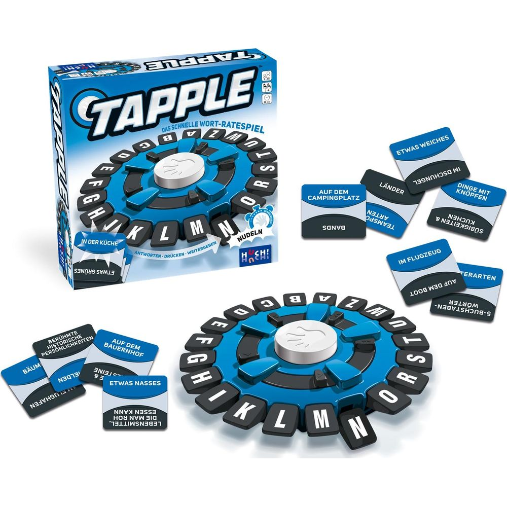 Tabellone di gioco Tapple con lettere e carte. Sul tavolo.