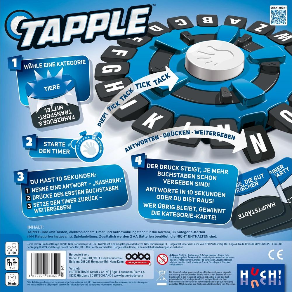 Tabellone di gioco Tapple con ruote di lettere, timer, categorie e regole.