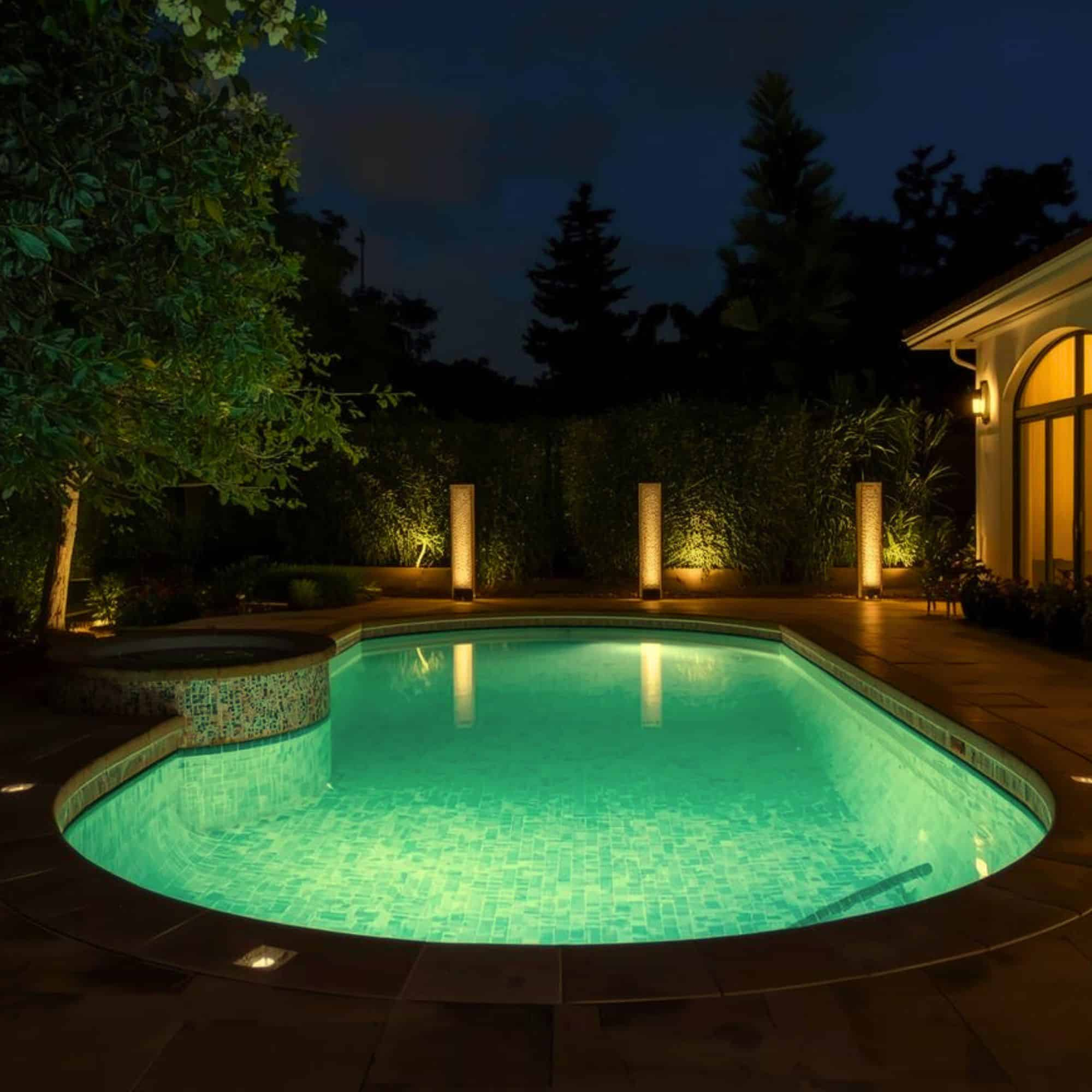 Una piscina iluminada por la noche, rodeada de árboles y una casa.