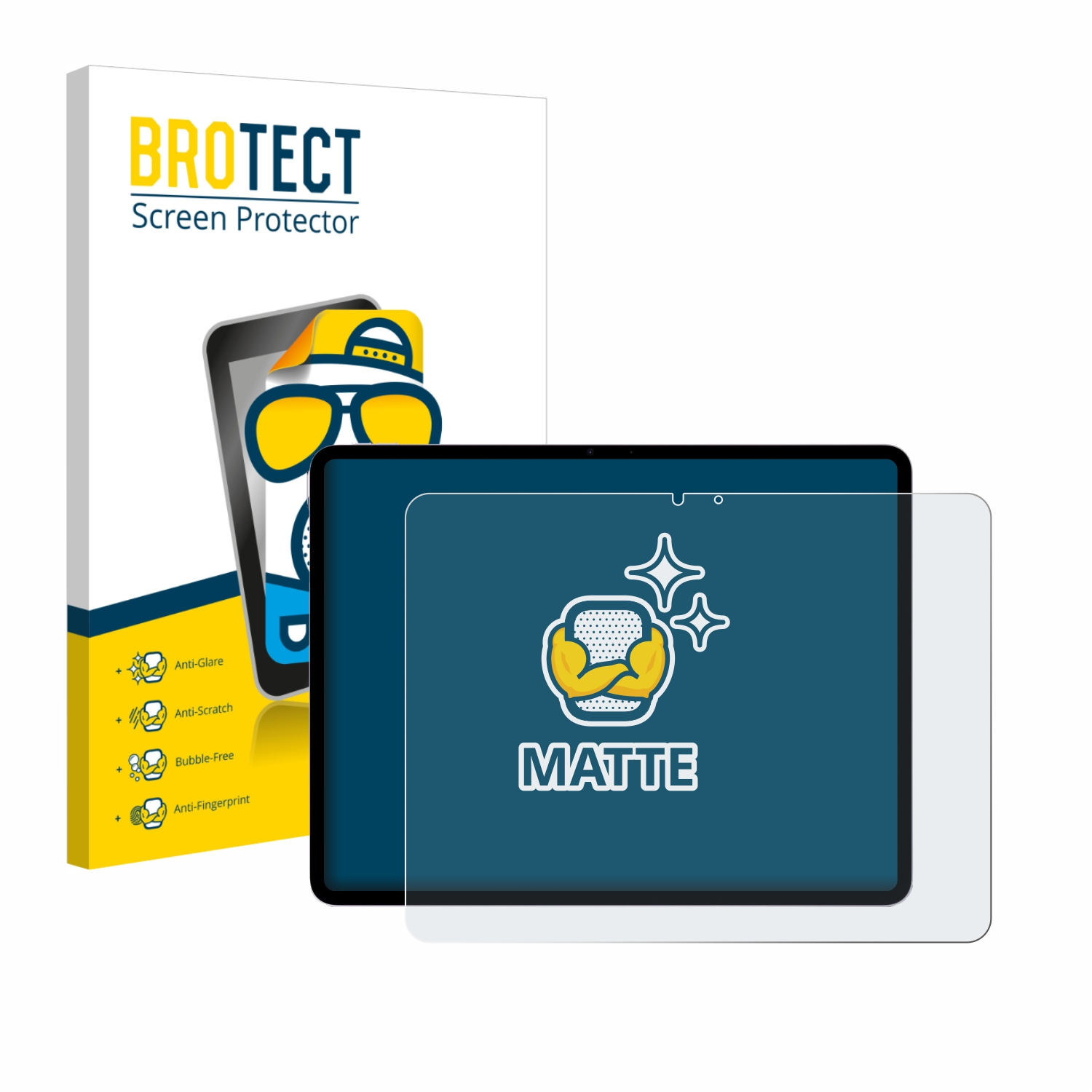BROTECT Displayschutzfolie für ein Tablet. Links die Verpackung mit Eigenschaften.