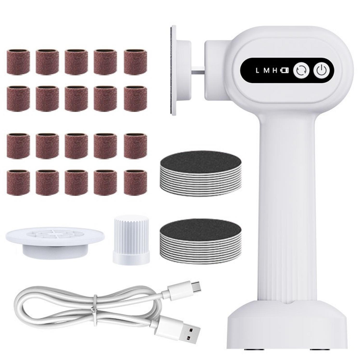 Ein weißes Maniküre-Set mit Schleifbändern, Scheiben und USB-Kabel.