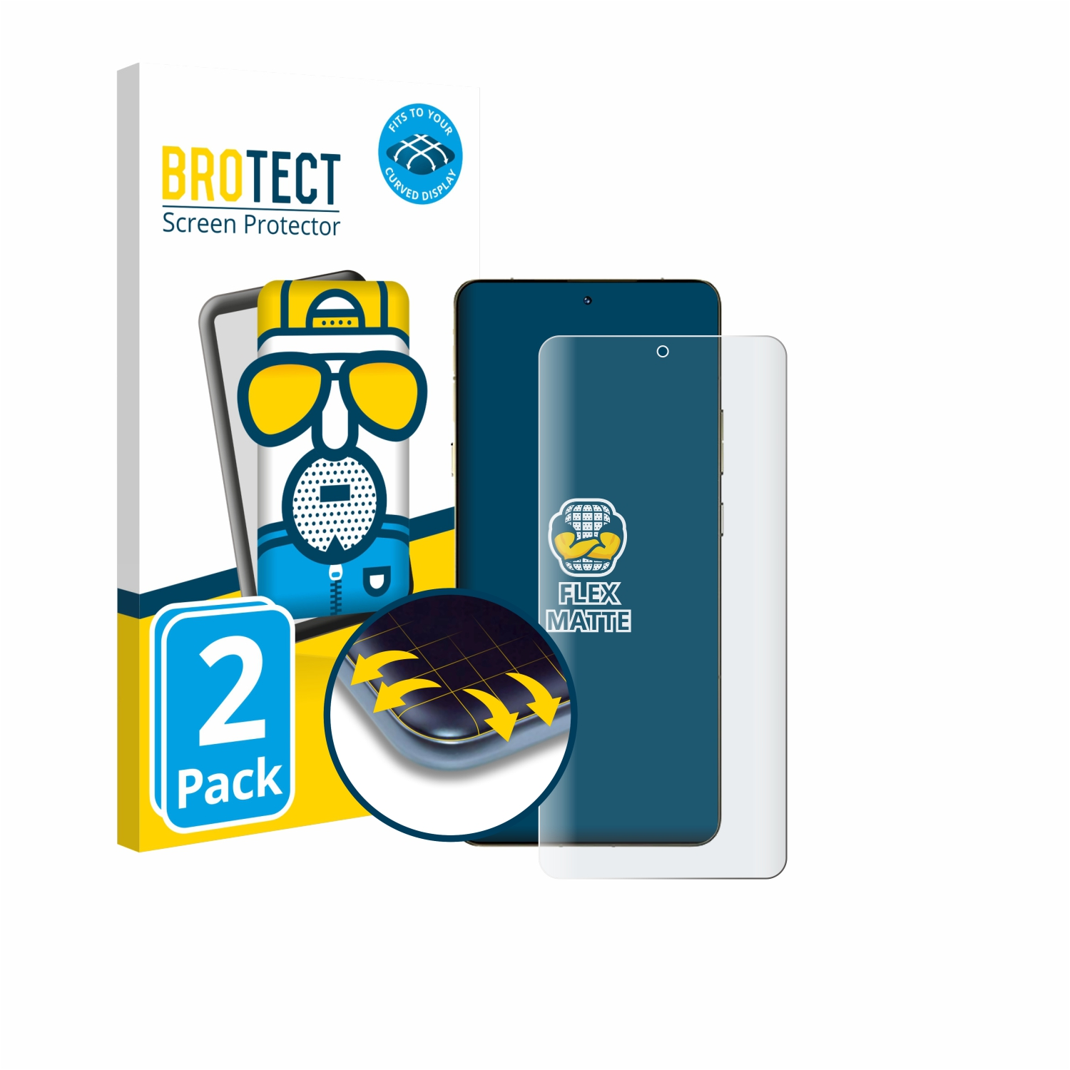 BROTECT Displayschutzfolie 2er-Pack für gebogene Displays, auf dunklem Handy.