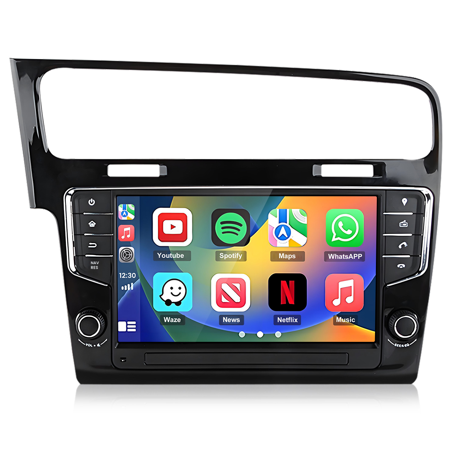 Ein Autoradio-Touchscreen mit App-Symbolen wie YouTube, Spotify, Maps, WhatsApp.