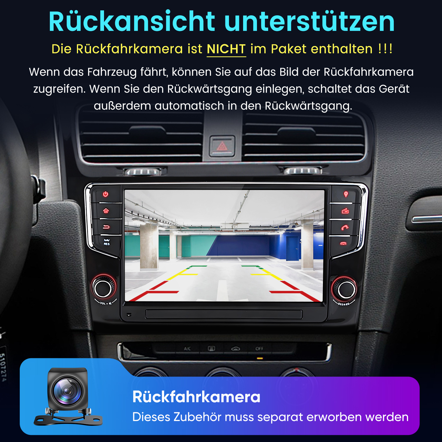 Bildschirm zeigt Parkplatzansicht mit Führungslinien. Rückfahrkamera abgebildet.