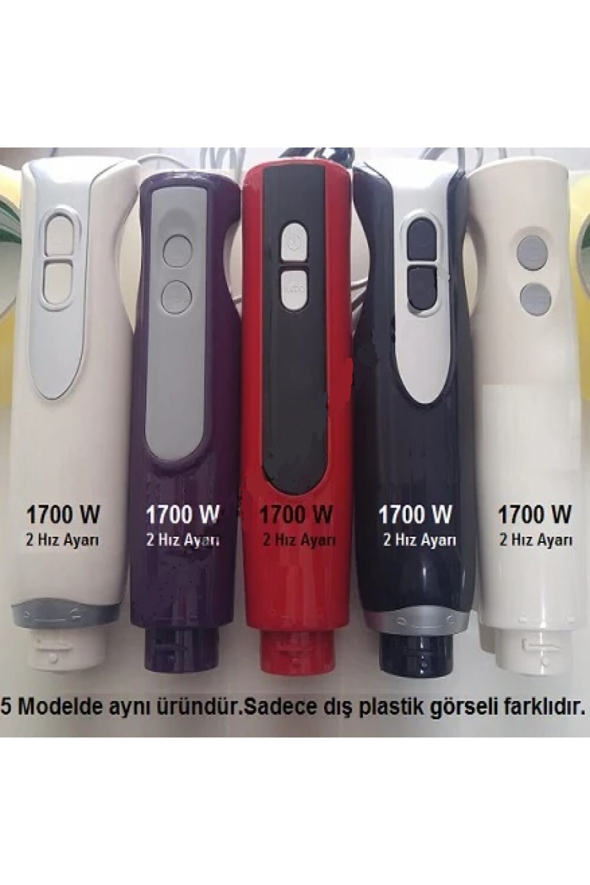 Beyaz, mor, kırmızı, siyah ve krem renkli beş el blenderı, hepsi 1700W.
