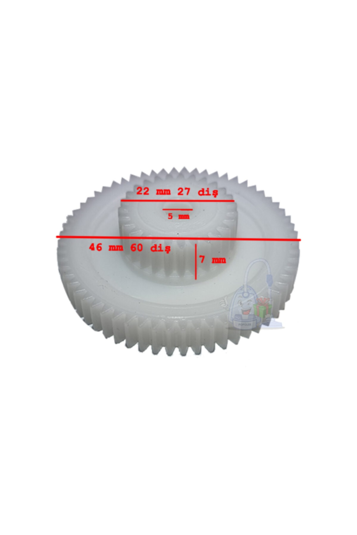 22 mm, 27 diş, 5 mm, 46 mm, 60 diş ve 7 mm ölçülerinde beyaz bir dişli.