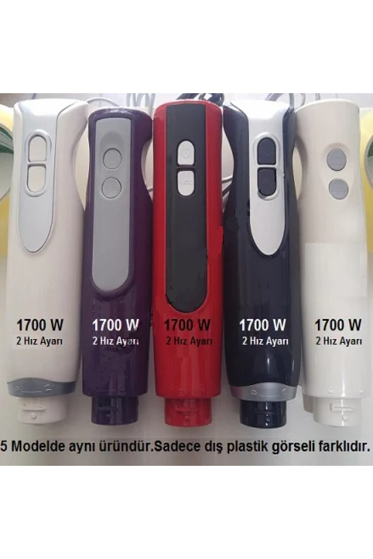 Farklı renklerde beş el blenderı, her biri 1700W, 2 hız ayarı.