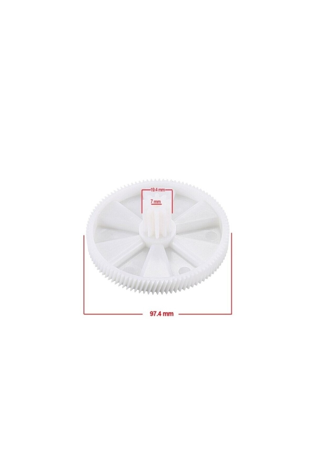 97,4 mm çapında ve 7 mm orta delikli beyaz plastik dişli.