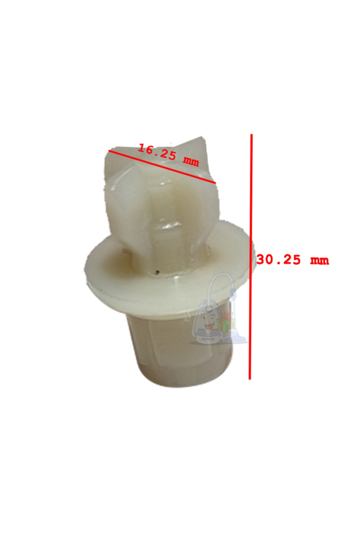 16,25 mm ve 30,25 mm ölçülerinde beyaz plastik klips.
