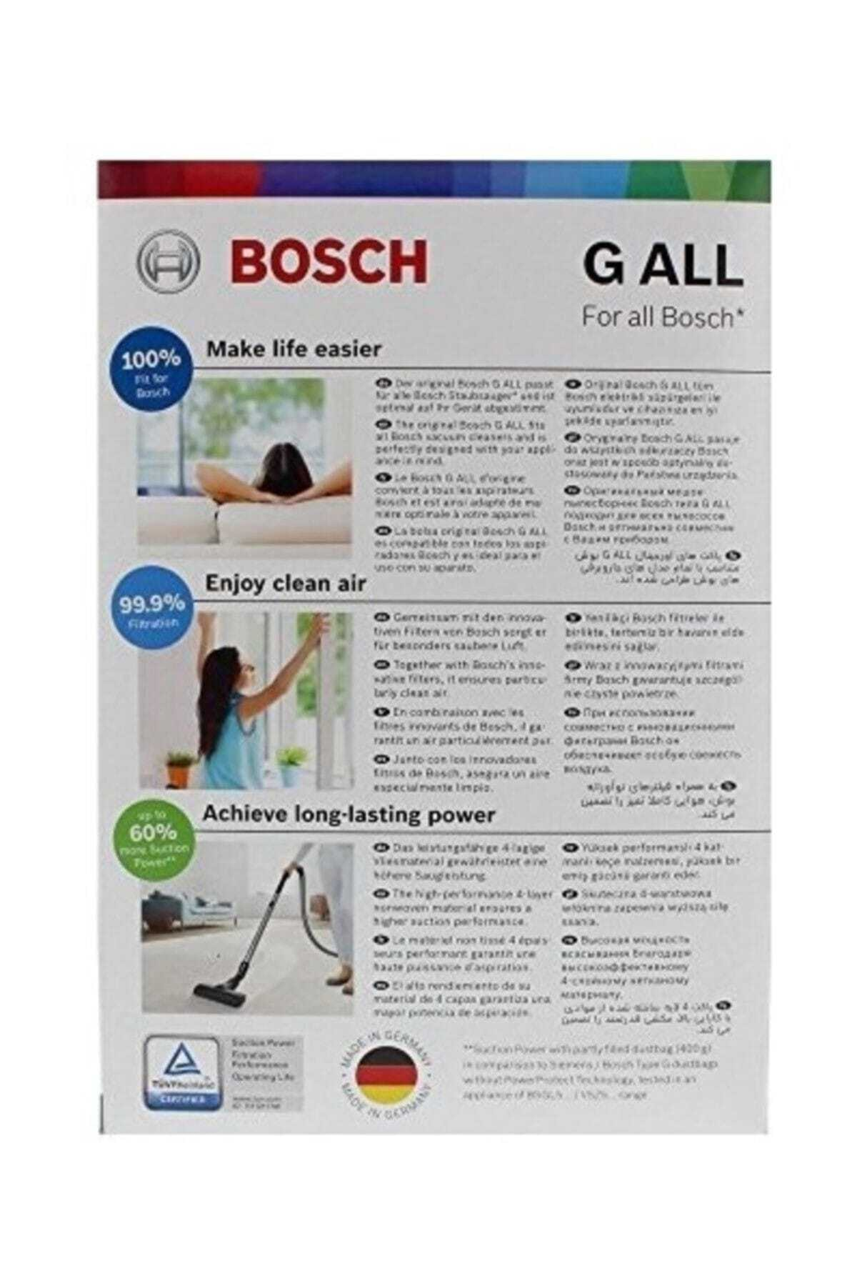 Bosch G ALL elektrikli süpürge torbaları, %100 Bosch cihazlar, %99,9 temiz hava, %60 daha fazla güç.