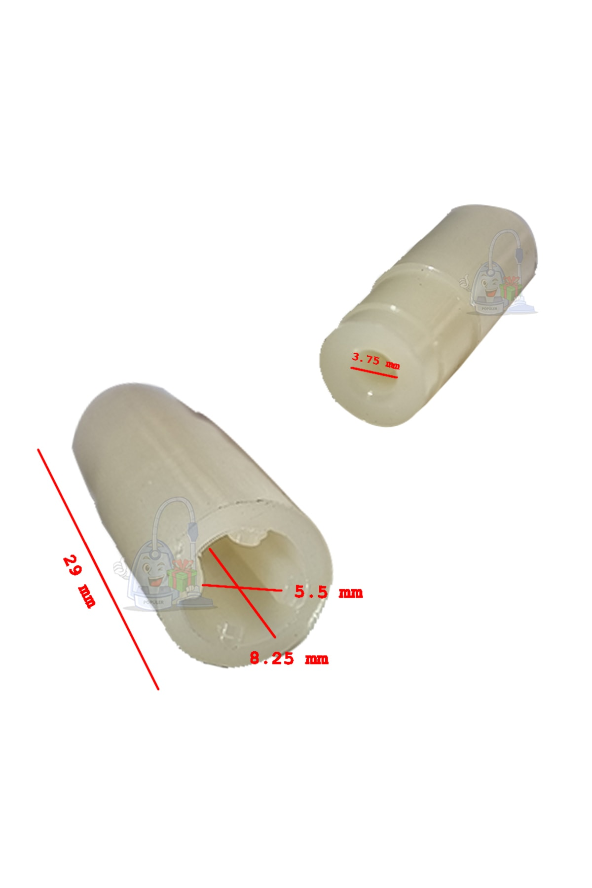 Ölçüleri olan iki beyaz plastik parça. Biri 29 mm uzunluğunda.