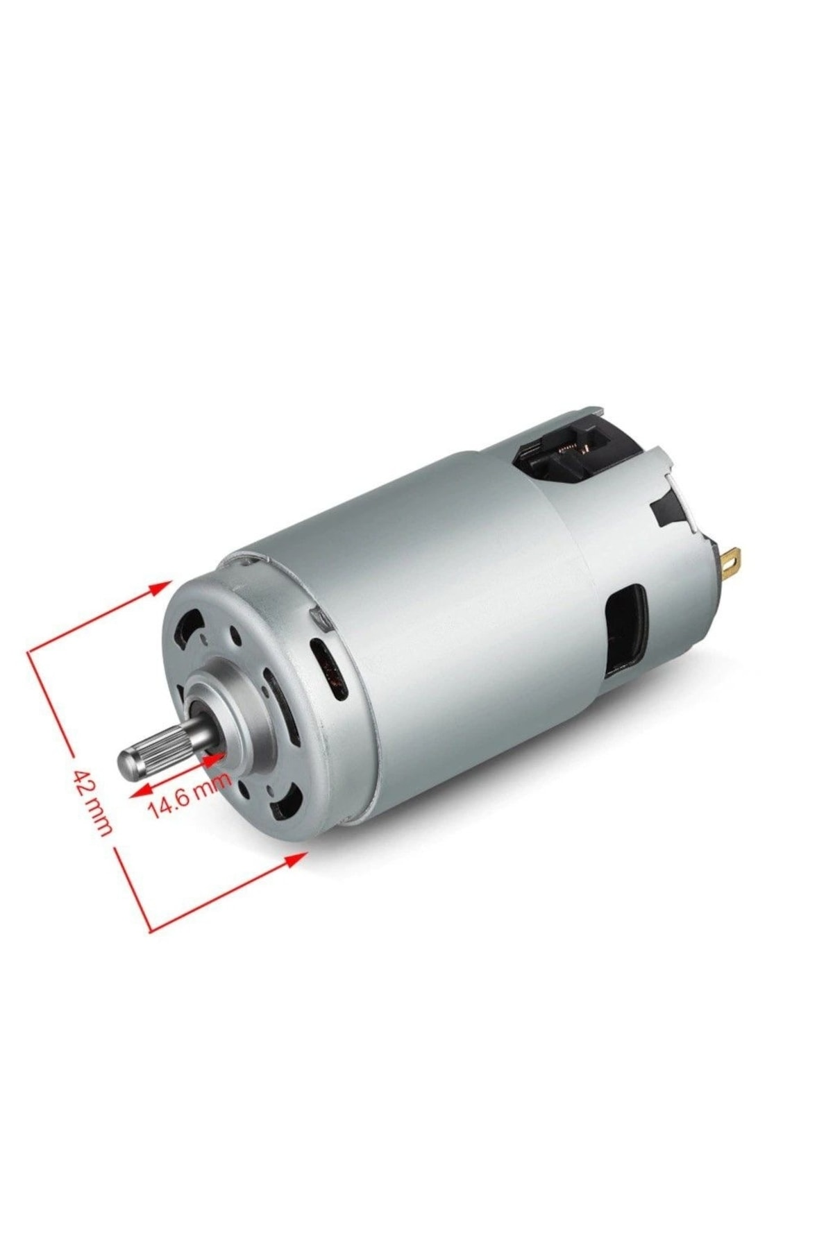 Mil boyutları 42mm ve 14,6mm olan gümüş renkli bir elektrik motoru.
