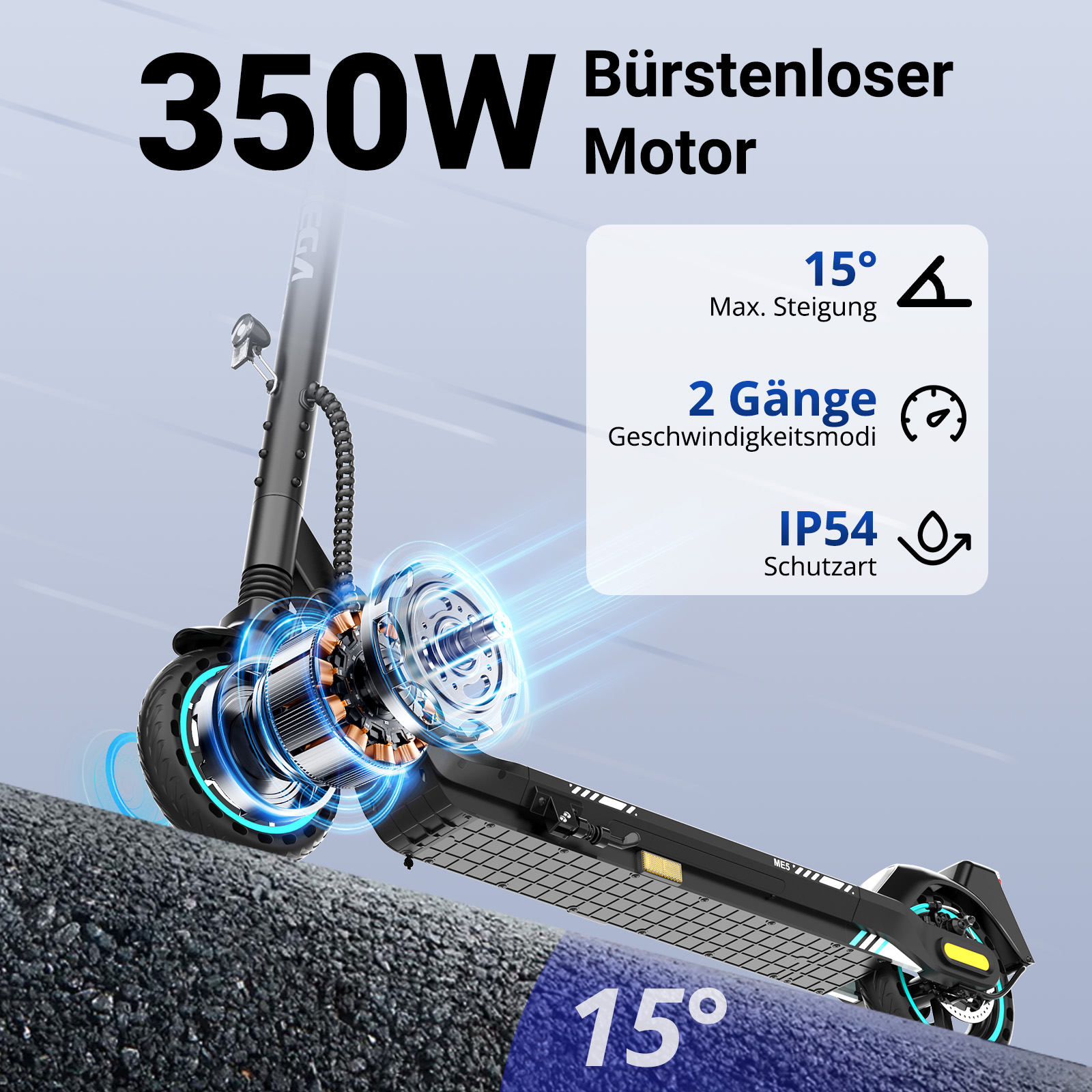 Elektroroller mit 350W Motor, 15° Steigung, 2 Gänge, IP54.