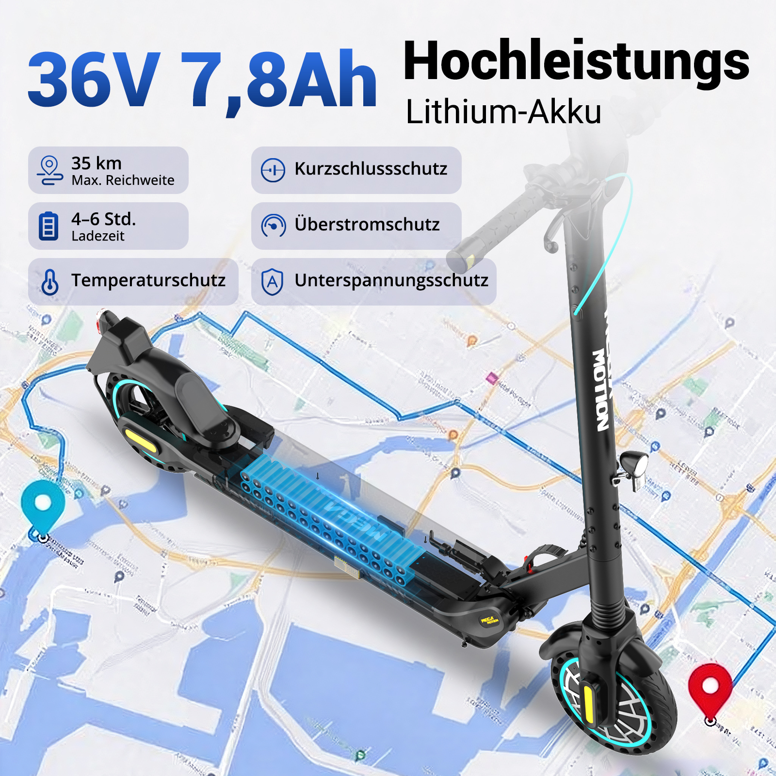 Elektroroller mit 36V 7,8Ah Lithium-Akku, Reichweite 35km, Ladezeit 4-6 Std.
