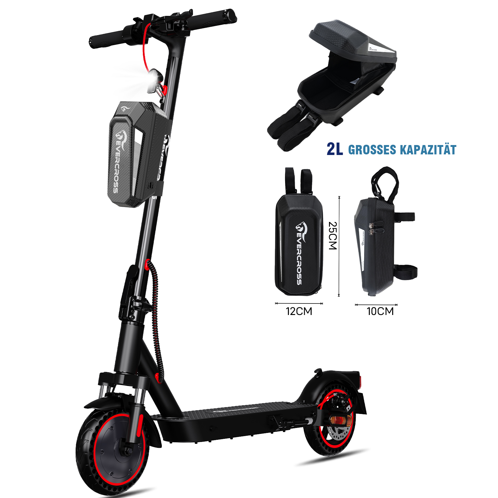 Trottinette électrique noire avec des sacoches de vélo de différentes tailles montrées sur le côté.