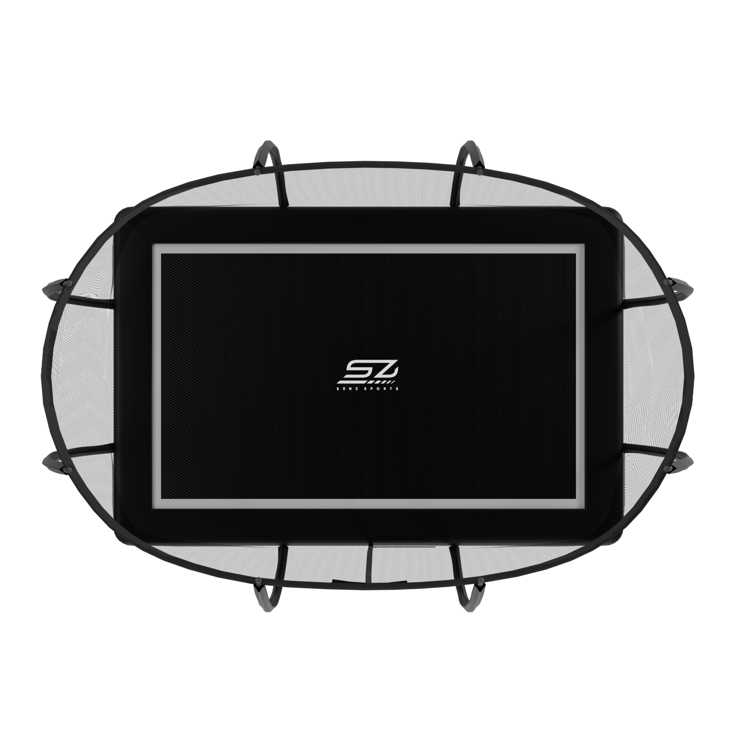 Een rechthoekige trampoline met een zwarte springmat en veiligheidsnet.