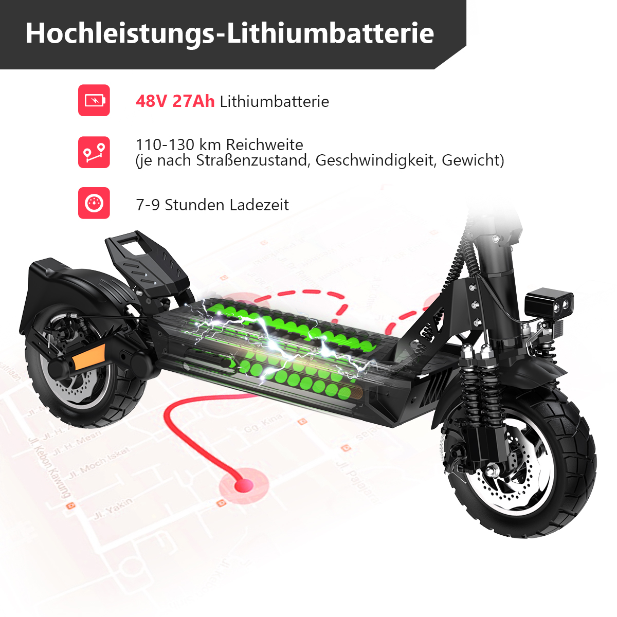 Elektroroller mit offenliegender Batterieeinheit, zeigt 48V 27Ah, 110-130km Reichweite.