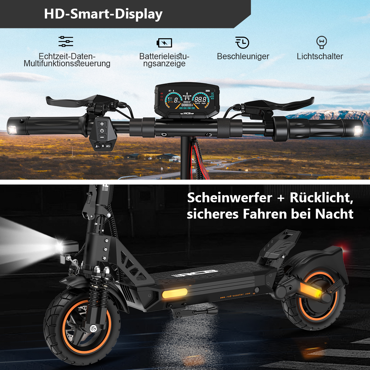 Elektroroller mit HD-Display, Scheinwerfer und Rücklicht.