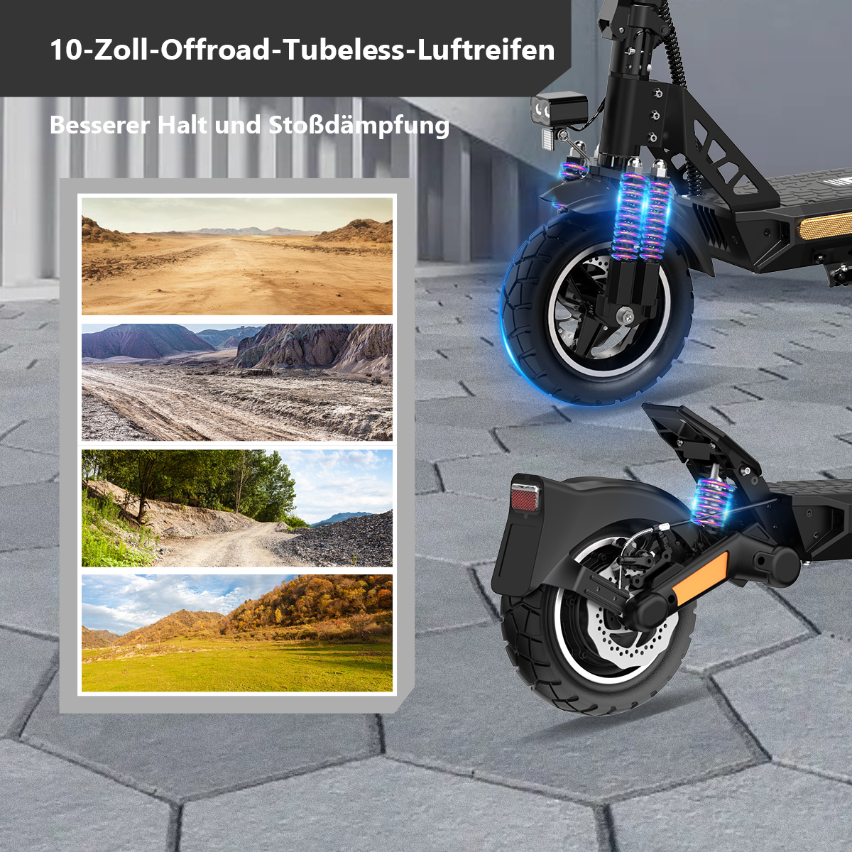 Elektroroller mit 10-Zoll-Offroad-Reifen und Federung. Bilder zeigen Wüsten-, Berg-, Wald- und Feldszenen.