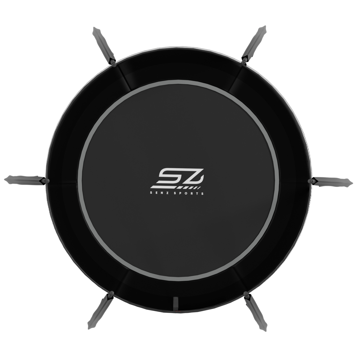 Zwarte trampoline met zilveren rand en logo, van bovenaf gezien.