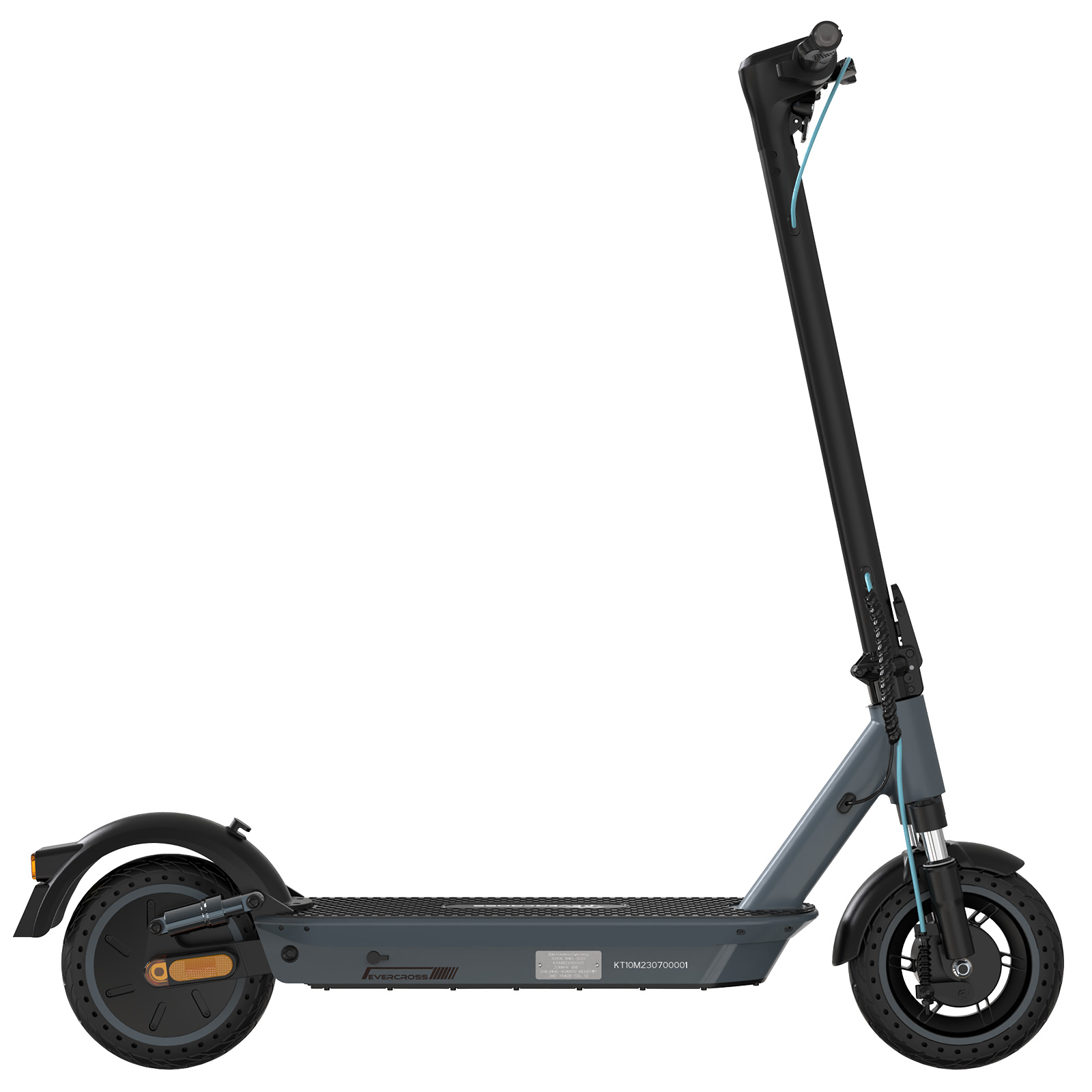 Un monopattino elettrico grigio con manubrio nero e cavi blu.