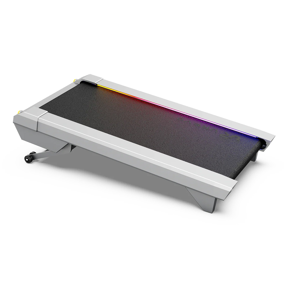 Szara bieżnia z czarnym pasem i kolorowymi światłami.