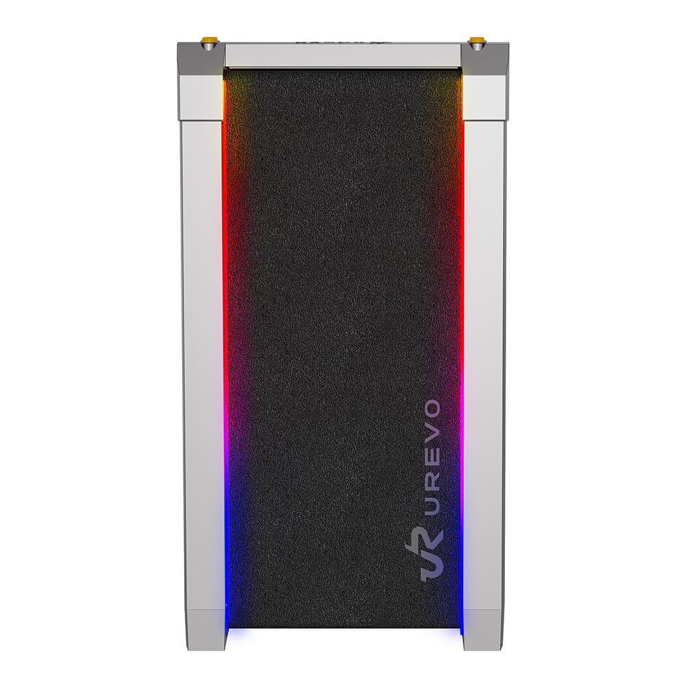 Czarna bieżnia z srebrną ramą i oświetleniem RGB.