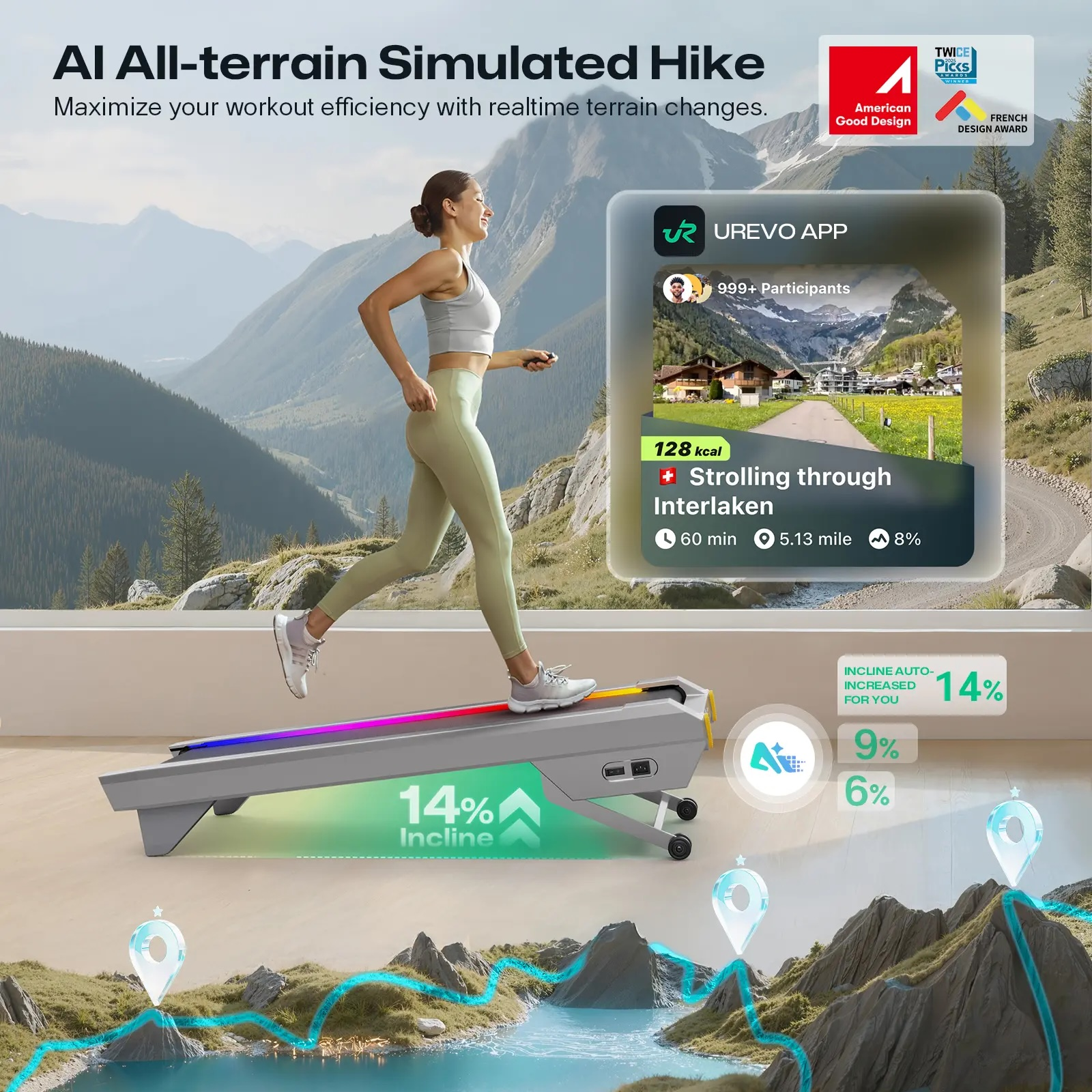 Kobieta biegnie na bieżni wyświetlającej symulowany górski krajobraz. Nachylenie 14%.