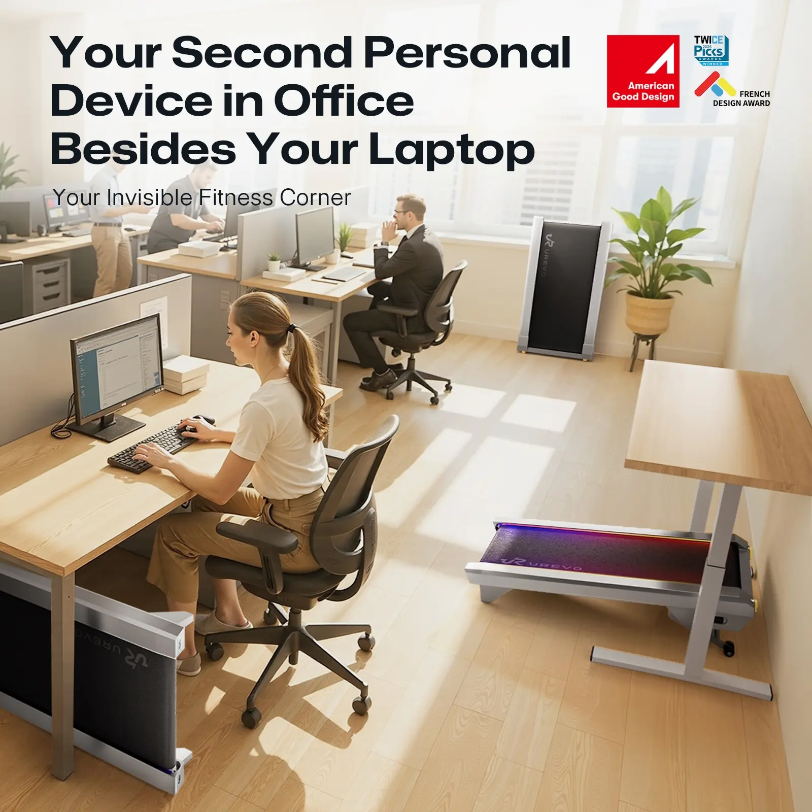 Scena biurowa z pracującymi ludźmi i bieżniami pod biurkiem.