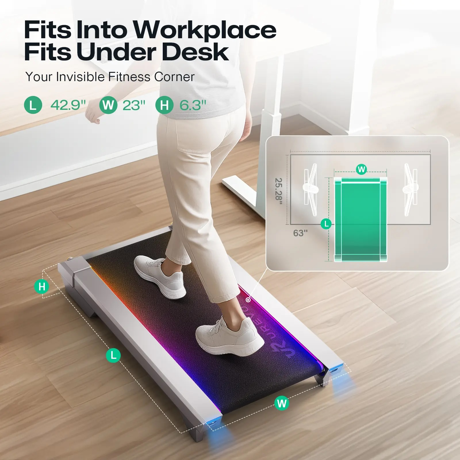 Osoba chodzi na wąskiej bieżni pod biurkiem. Kolorowe oświetlenie LED.