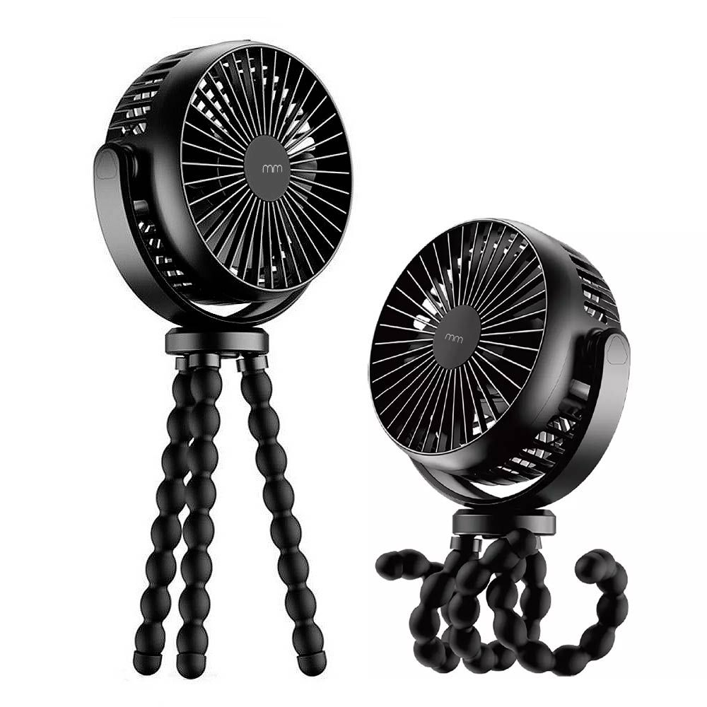 Two black fans on flexible tripods. One has three legs, the other is coiled.