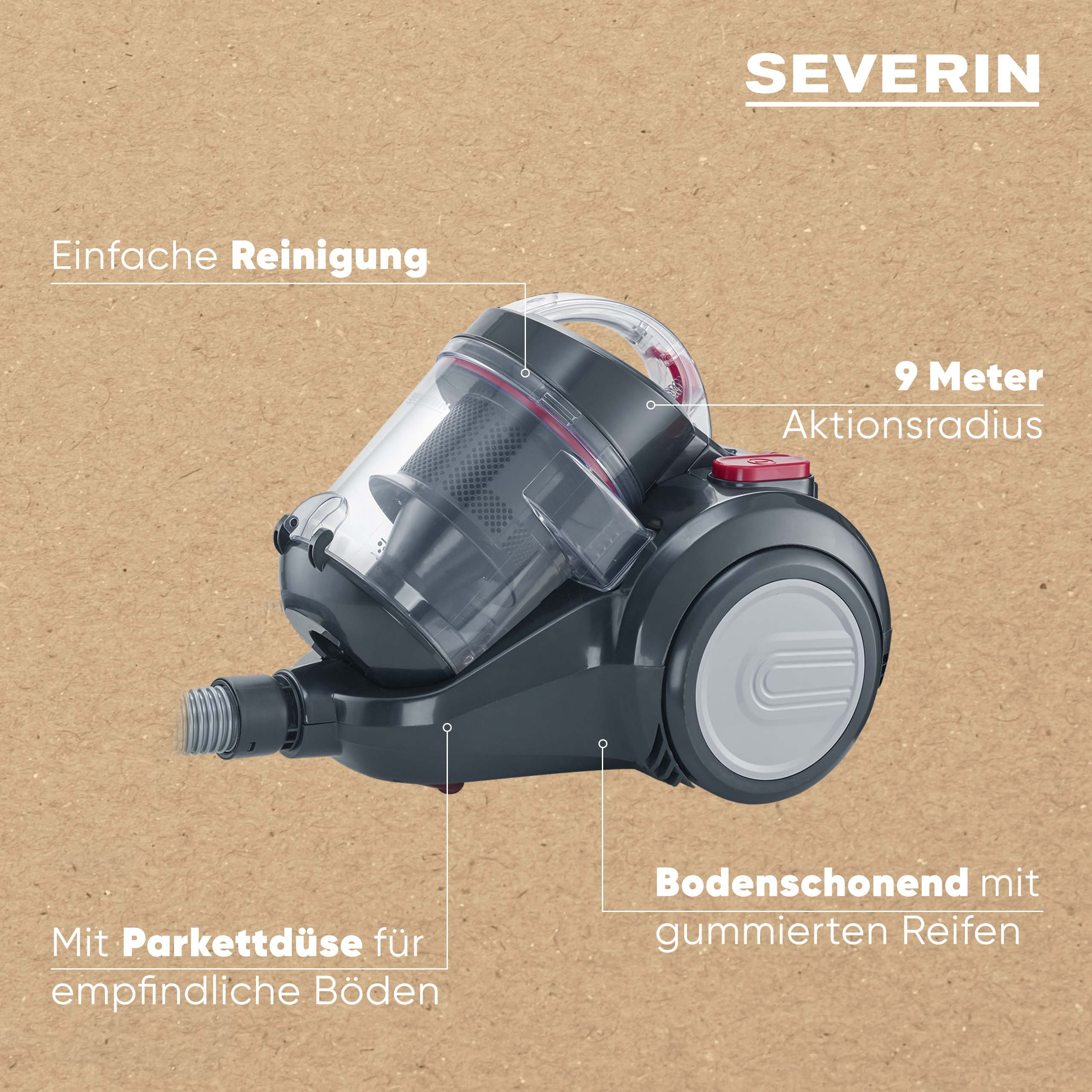 Szary odkurzacz Severin z przezroczystym pojemnikiem i zasięgiem 9m.